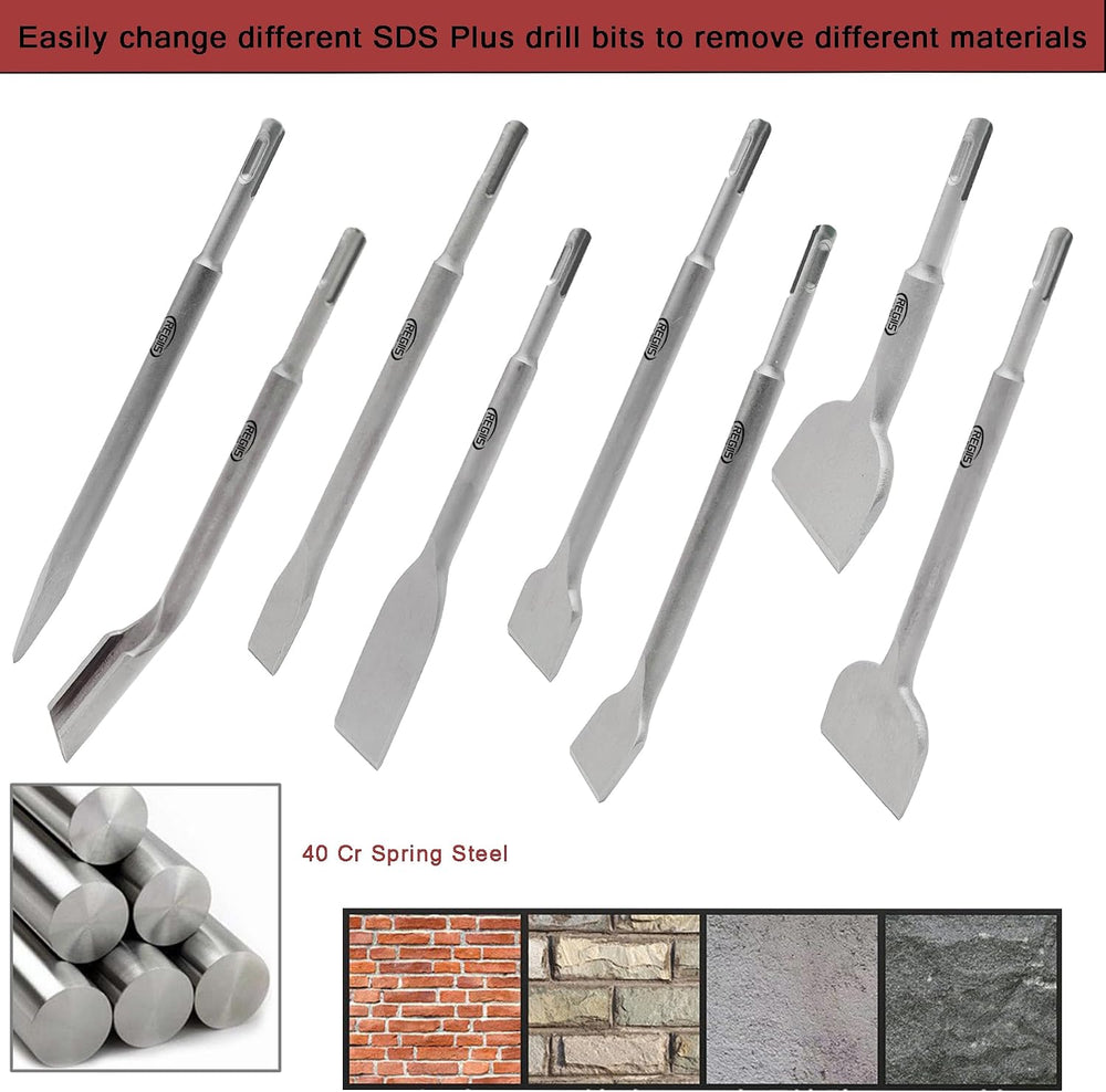 8 pcs SDS Plus Chisel Set, Masonry Concrete Drill Bit Set, Tile Removal Chise...