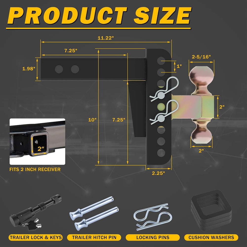 Adjustable Drawbar Trailer Hitch Fit for 2-Inch Receiver with 6" Drop/Ri...