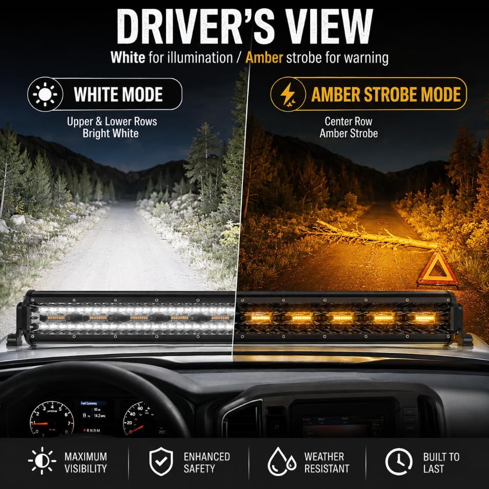 23 Inch 144W LED Light Bar White/Amber Flasing Strobe Light with Six Modes Dr...