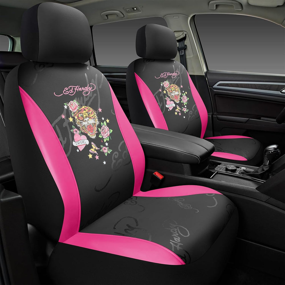 ED HARDY Tiger Print Car Seat Covers, Hot Pink Premium Leather Front Seat Cov...