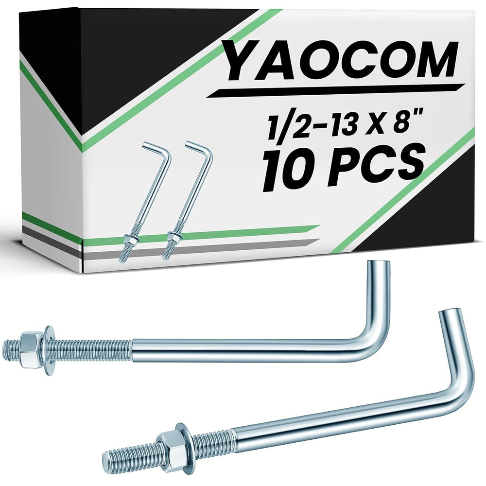 Yaocom 10 Pcs J Bolt Galvanized Anchor Bolts with Nuts Washer, 1/2-13 x 8