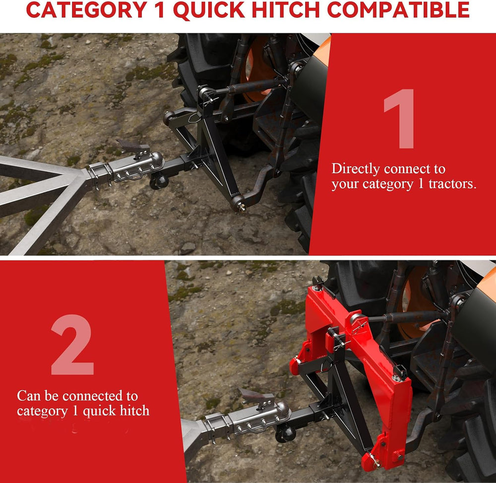 3 Point Trailer Hitch 2” Receiver for Category 1 Tractor Quick Hitch, Black