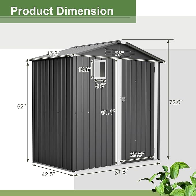 Outdoor Storage Shed, 6 X 4ft Metal Galvanized Steel Garden Shed