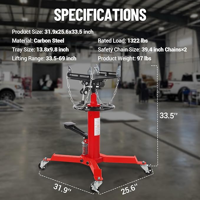 Dual Plunger Hydraulic Transmission Jack 1322lbs Capacity, 33.5"-69"...