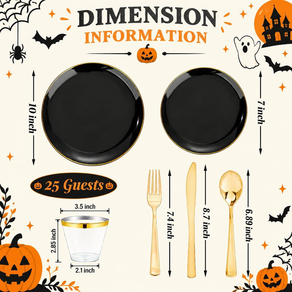 WDF 150PCS Black Plastic Plates - Black and Gold Halloween Plates Disposable ...