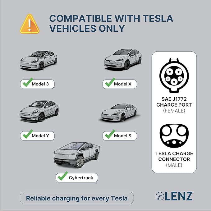 LENZ J1772 Charging Adapter for Tesla Model 3, and Cybertruck, Safety Certified