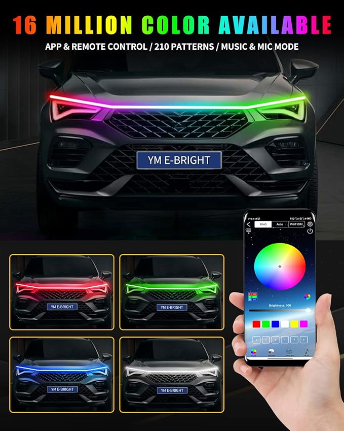 RGB Hood Light Strip with Sequential Turn Signal Indicator Function Waterproof