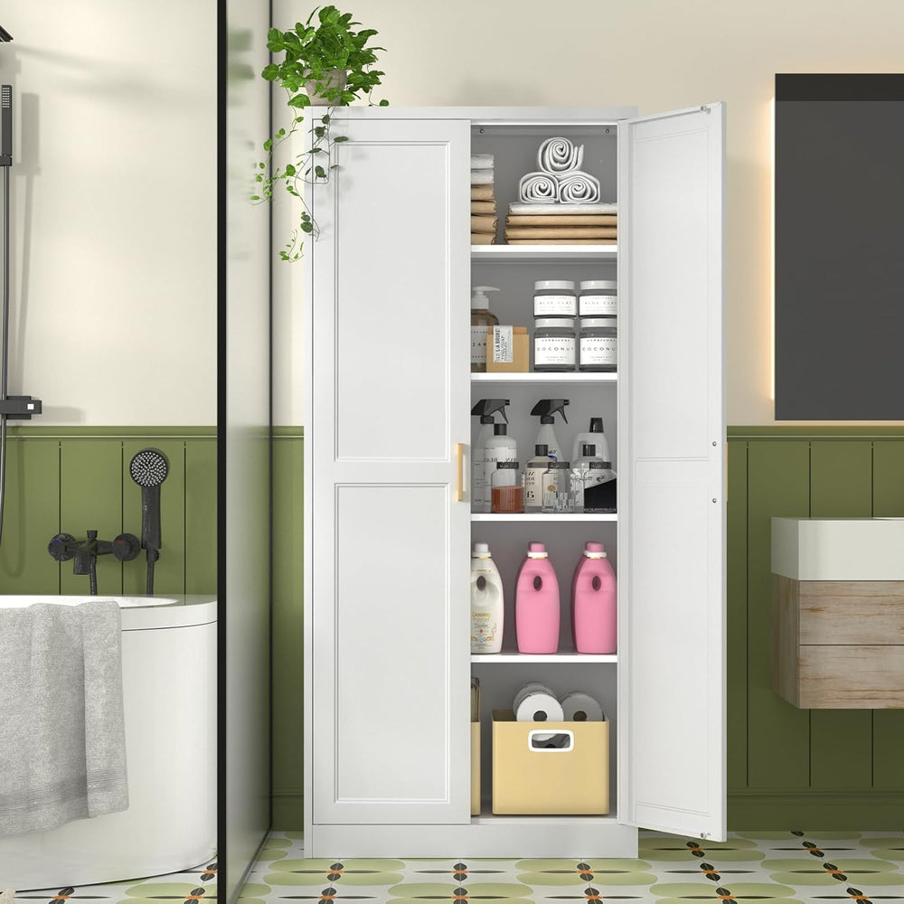 Polup 71" White Metal Kitchen Pantry Storage Cabinet with Doors and Shelves