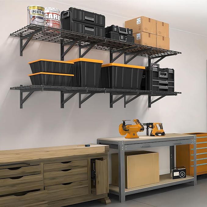 4 Pack Heavy Duty Garage Wall Shelving Set, Wall Mounted Garage Shelves 1000lbs