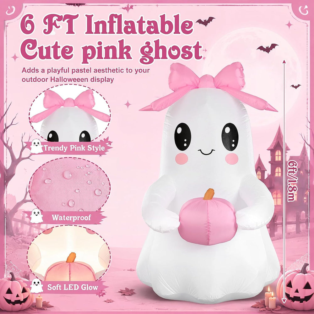 6 ft Pink Bow Halloween Inflatable Ghost Outdoor Decoration