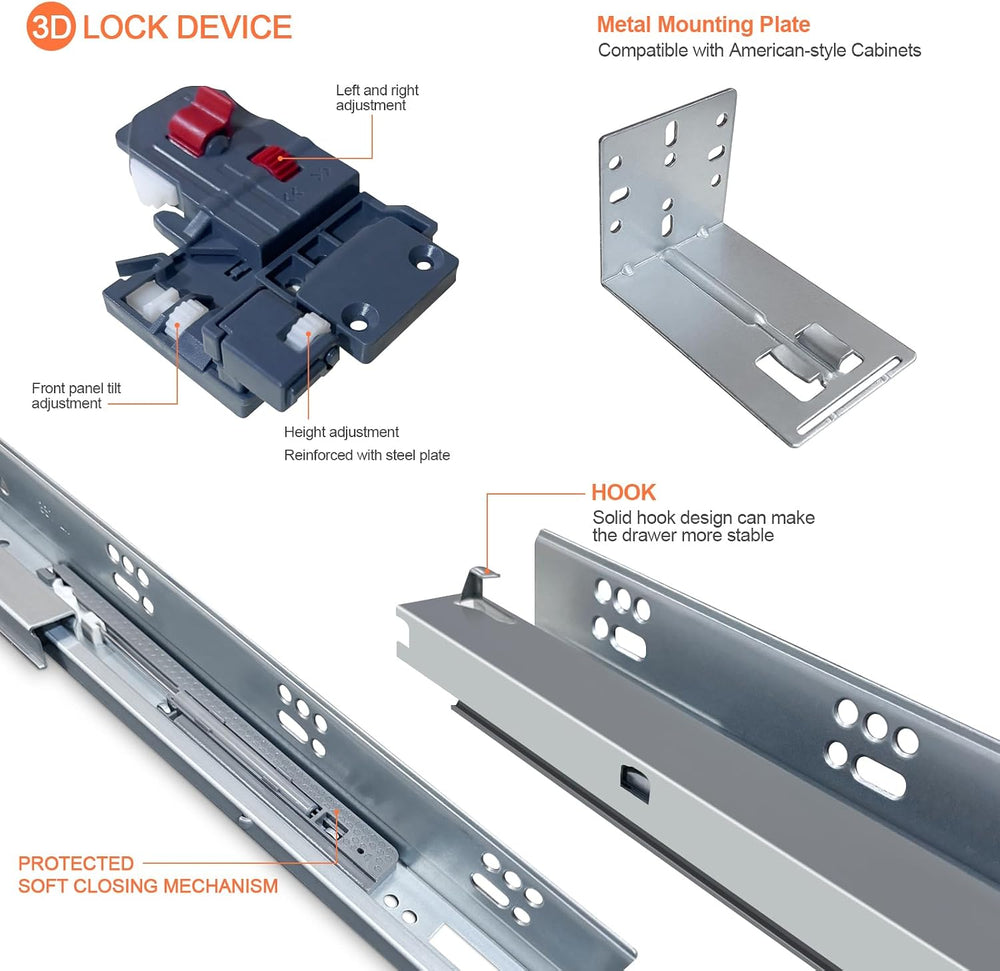 21 Inch Undermount Soft Close Drawer Slides Full Extension Concealed Bottom M...