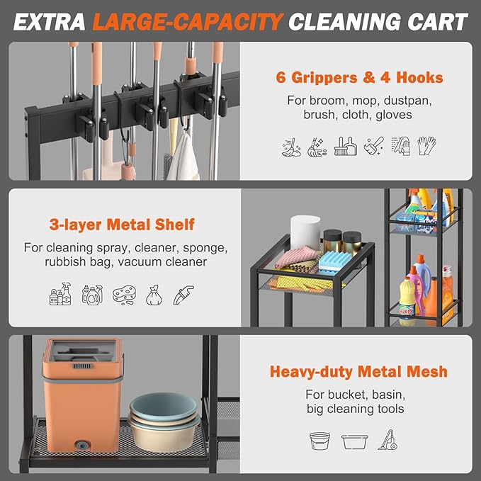Broom Holder with Cleaning Supplies Organizer, Broom Closet Storage Cabinet