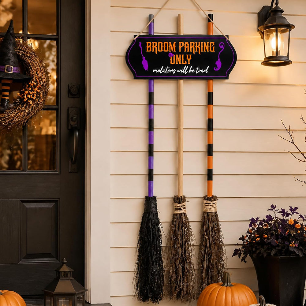 Halloween Broom Parking Sign with 3 Wooden Witch Brooms