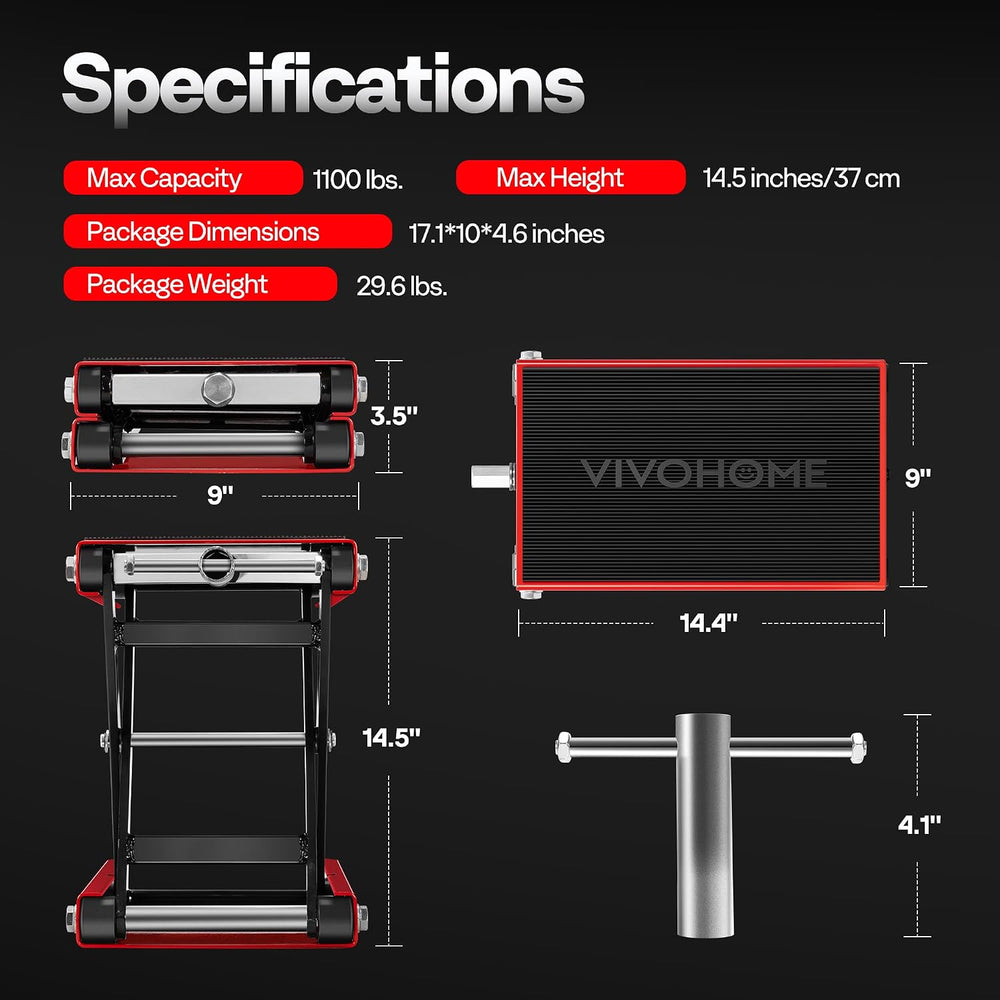 VIVOHOME 1100 LBS Motorcycle Lift Scissor Jack, Wide Deck Hoist Stand, Red