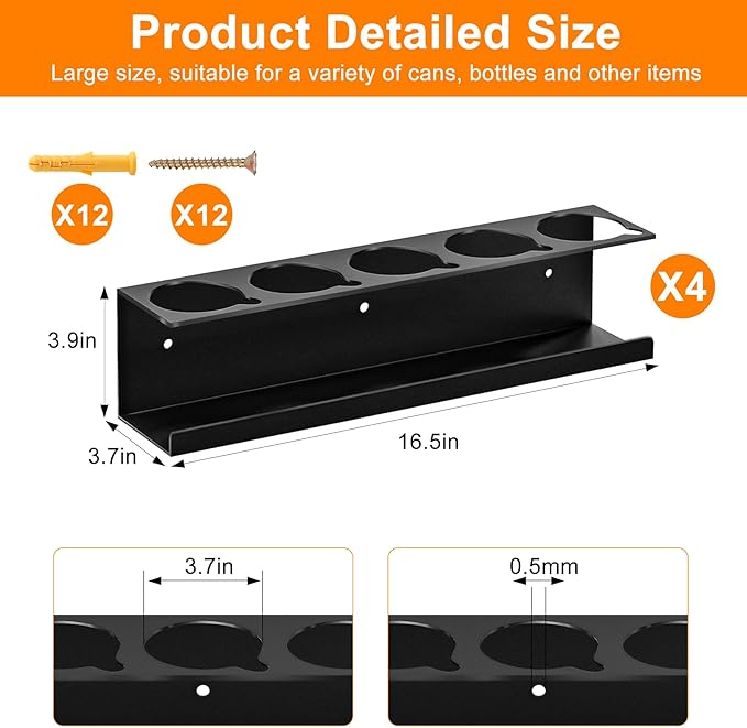 Wall-Mounted Spray Can Holder Rack Organize, 4 Pack Black Steel Aerosol Can