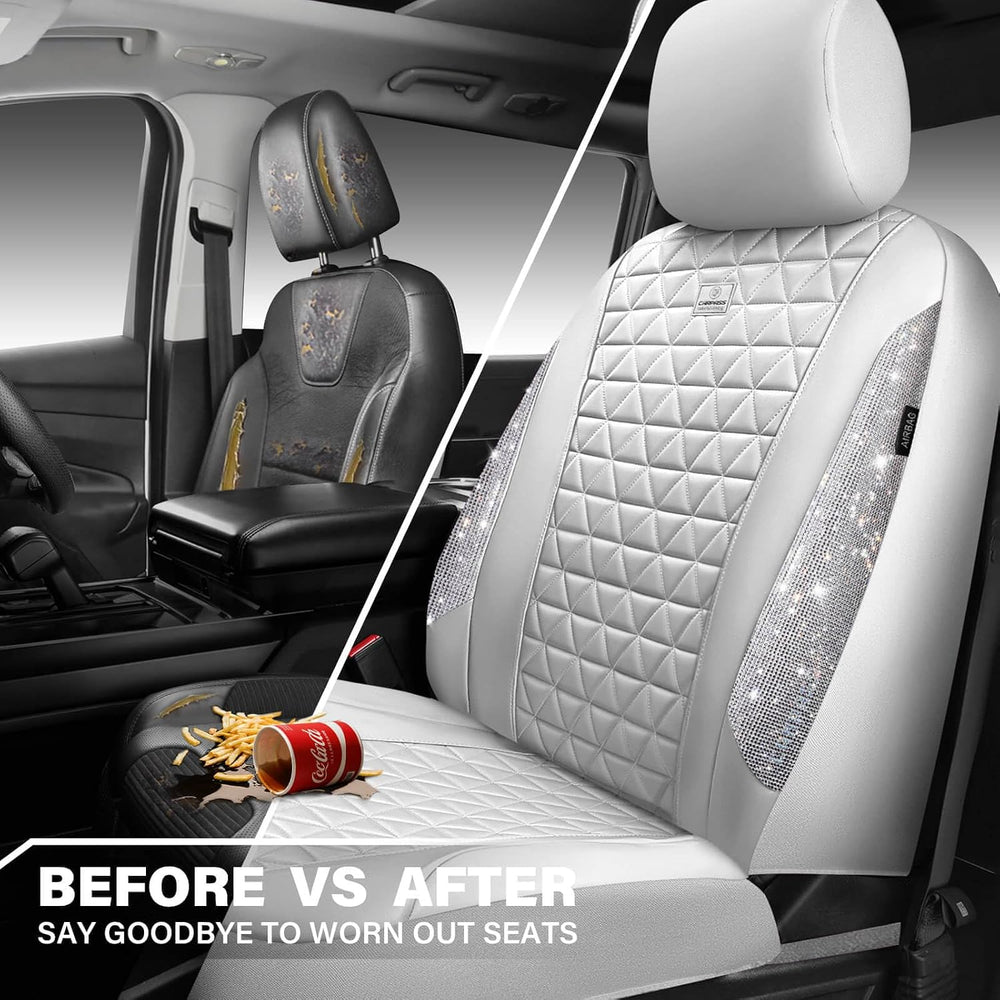 CAR PASS All White Bling Diamond Leather Car Seat Covers Full Sets,Waterproof...