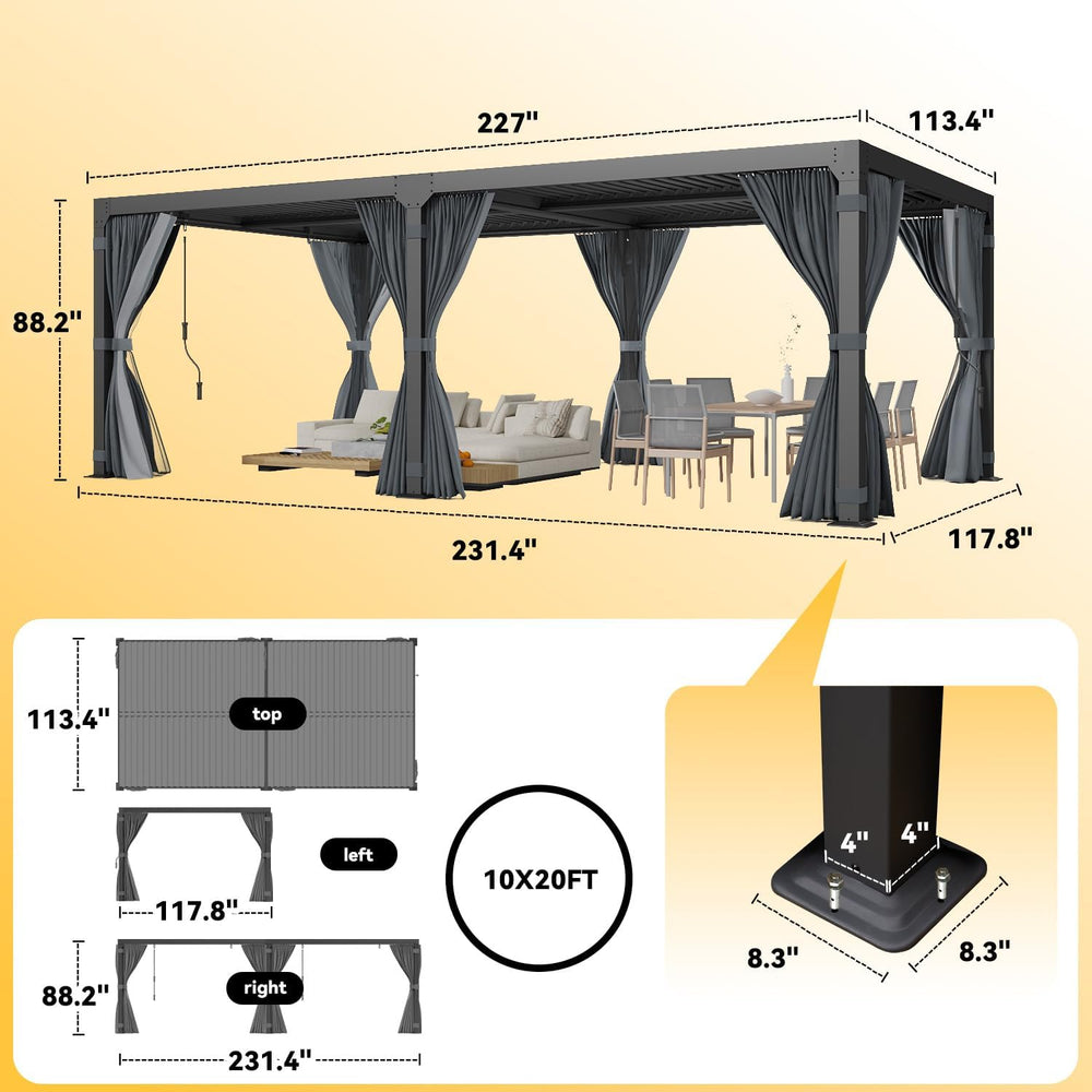 10x20 Louvered Pergola Adjustable Roof w/Curtains & Mesh
