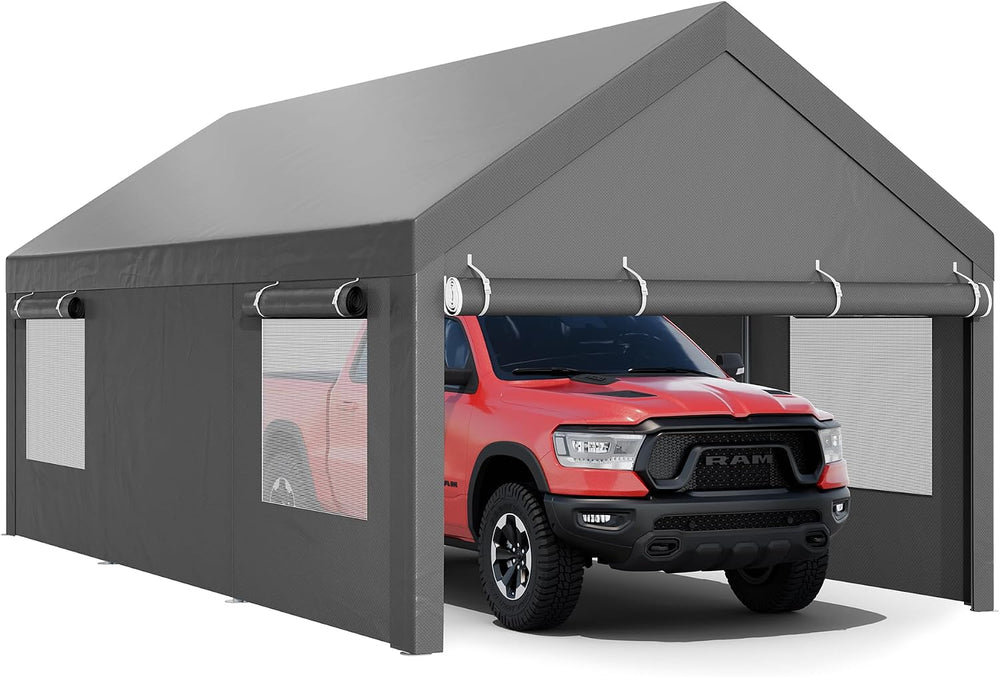 JY QAQA Carport, 12x20 FT Heavy Duty Carport with Roll-Up Window and Sandbags...