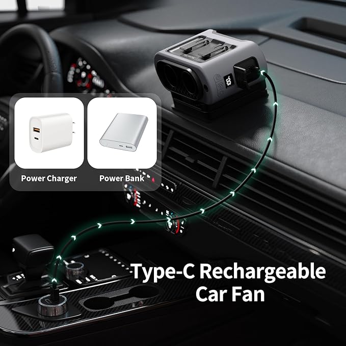 Socool Portable Car Fan - 14500mAh Rechargeable Battery Opearated