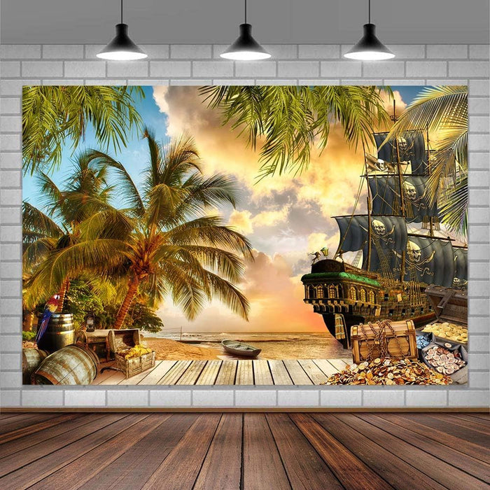 10X8ft Pirate Theme Photo Backdrop Photography Background, Pirate Ship Treasure Chest Map Gun Halloween Trunk or Treat Backdrops Photo Booth Prop Decorations Wall Decor Tablecloth