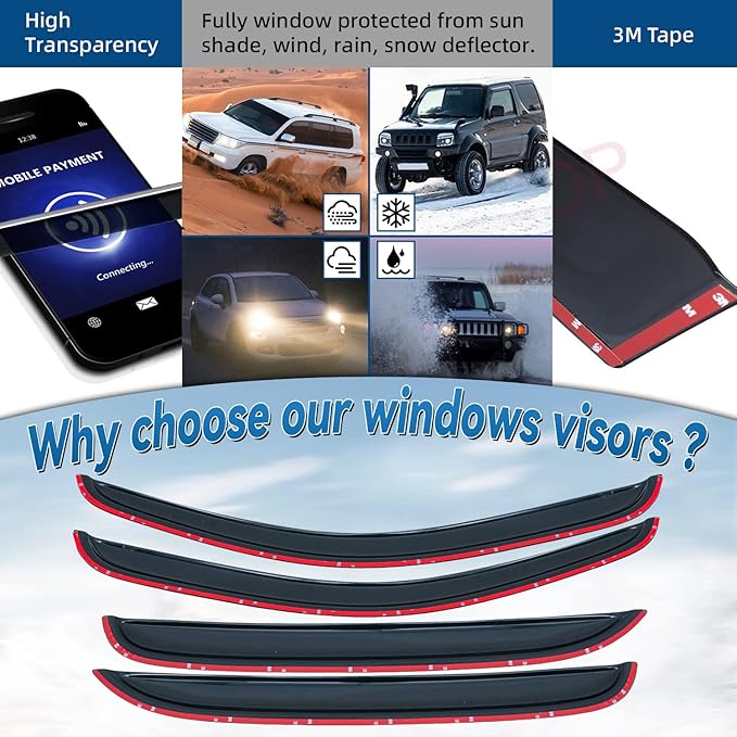 Set of 4 Front+Rear Smoke Sun/Rain Guard Outside Mount Tape-On Acrylic Window