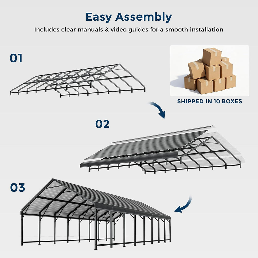 20x40FT Extra Large Heavy Duty Metal Carport 132° Steep Anti-Pooling Roof
