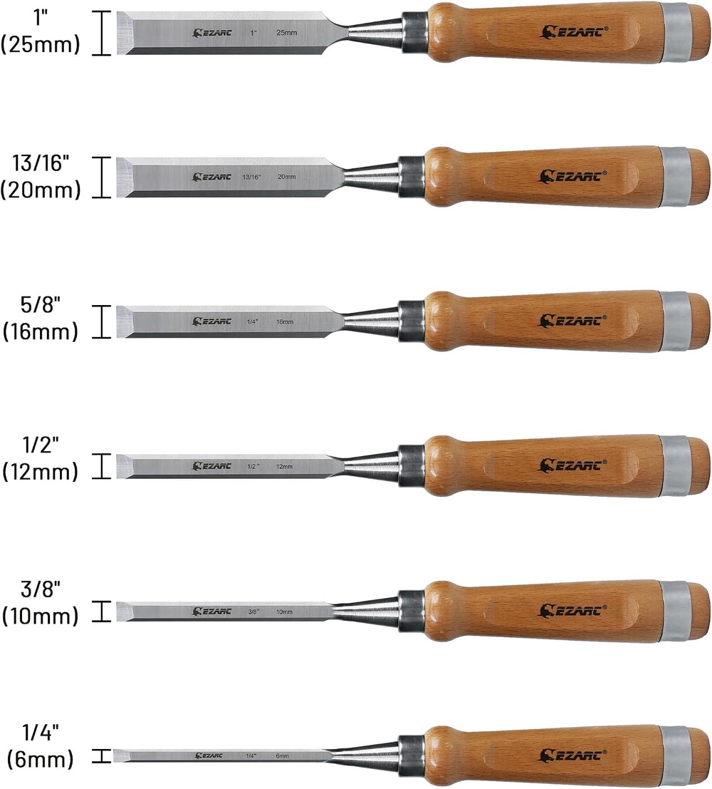EZARC Wood Chisel Set, 6PCS 1/4-1 Inch CR-V Chisels with Wooden Case