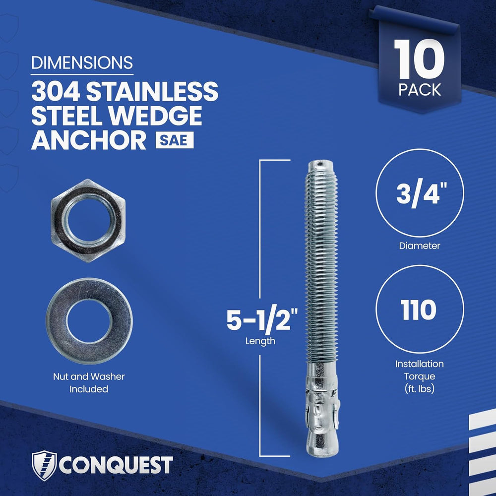 Conquest 304 Stainless Steel Wedge Anchors for Concrete 3/4” x 5-1/2”