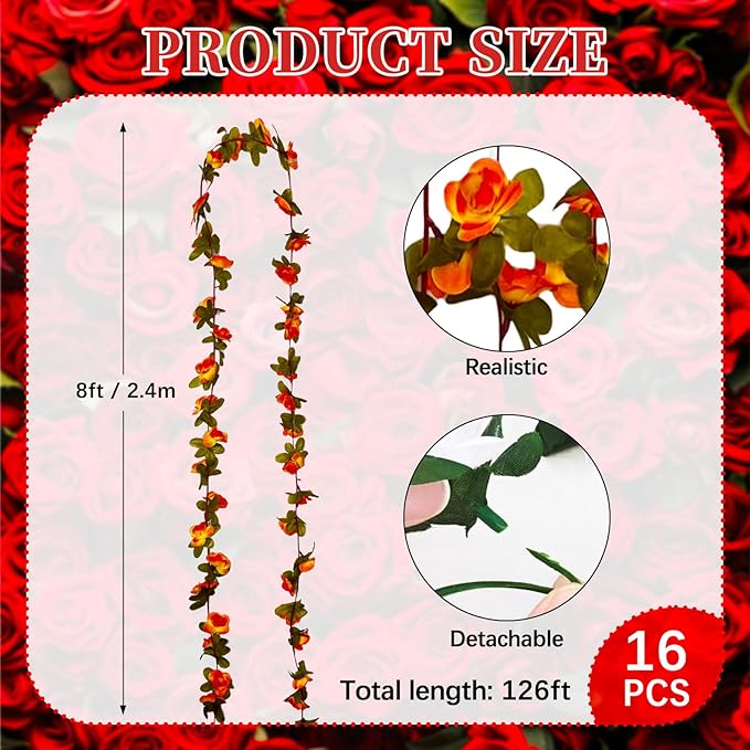 16Pcs 126Ft Orange Rose Garland, Fake Rose Hanging Flowers, Artificial Flower...