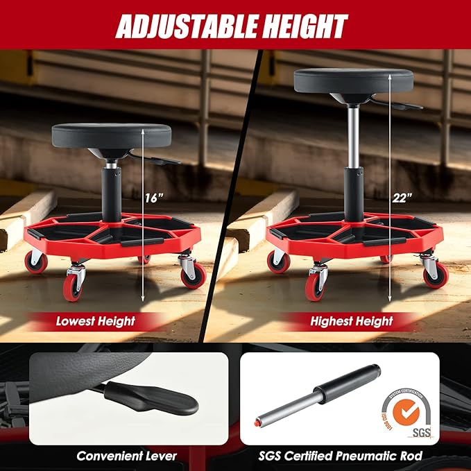 Goplus Garage Stool, 16”-22” Adjustable Rolling Mechanic Stool