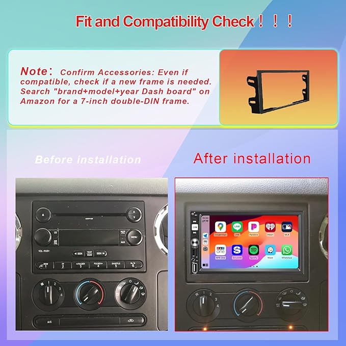 7” Wireless Apple CarPlay Double Din Car Stereo, FM Car Radio, IPS Touchscreen