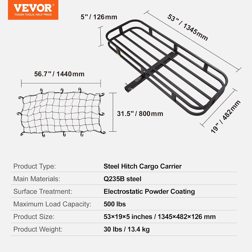 VEVOR 53 x 19 x 5 in Hitch Cargo Carrier, 500lb Capacity Trailer Mount Basket...