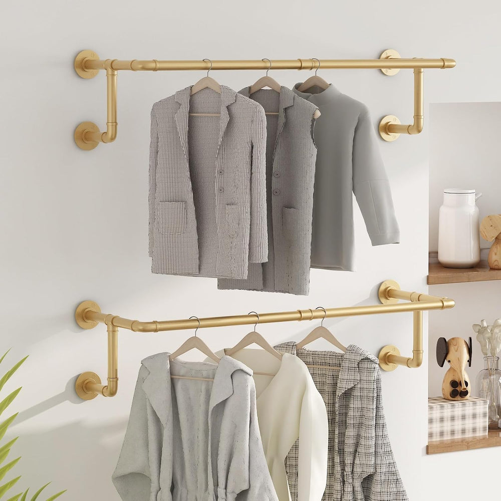 Industrial Pipe Clothing Racks 2 Pack, 36.2In Wall Mounted Clothes Rack, Gold...