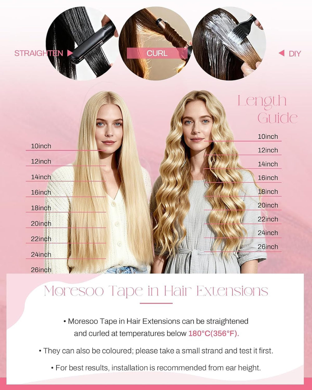 Moresoo Bleach Blonde Invisible Tape Hair Extensions, 24 Inch, 20Pcs, 50g