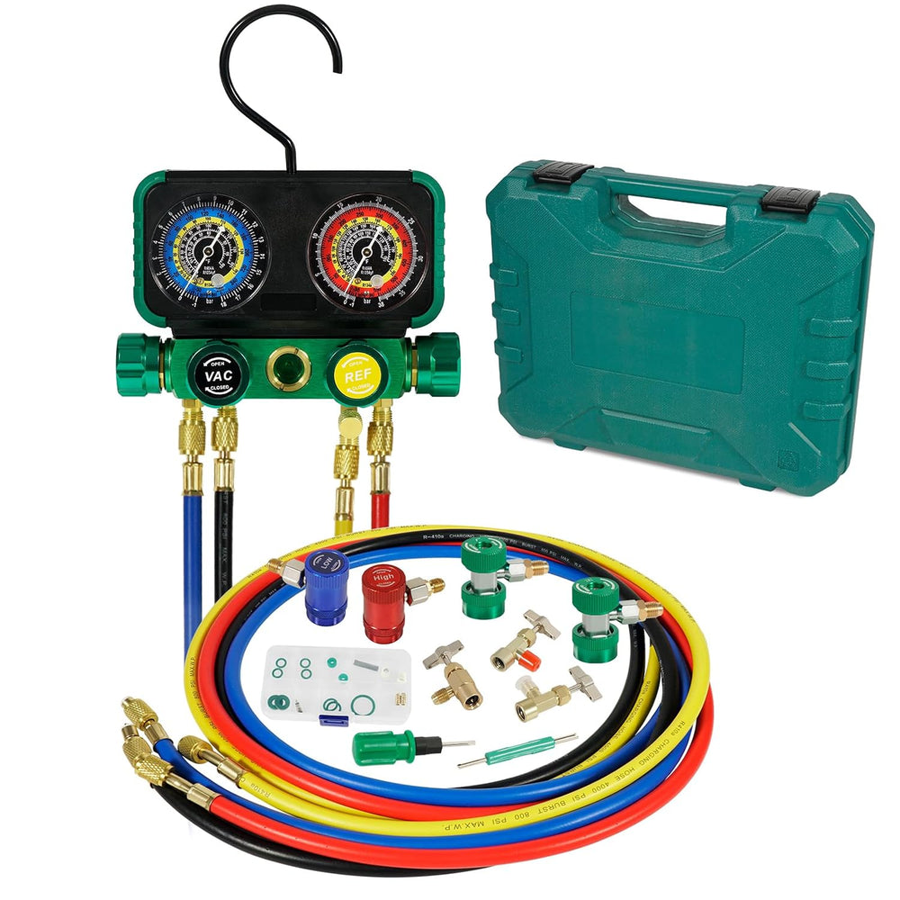 PB Motor Tech 4 Way AC Gauge Set for R1234yf R134a R404a with Case, Green