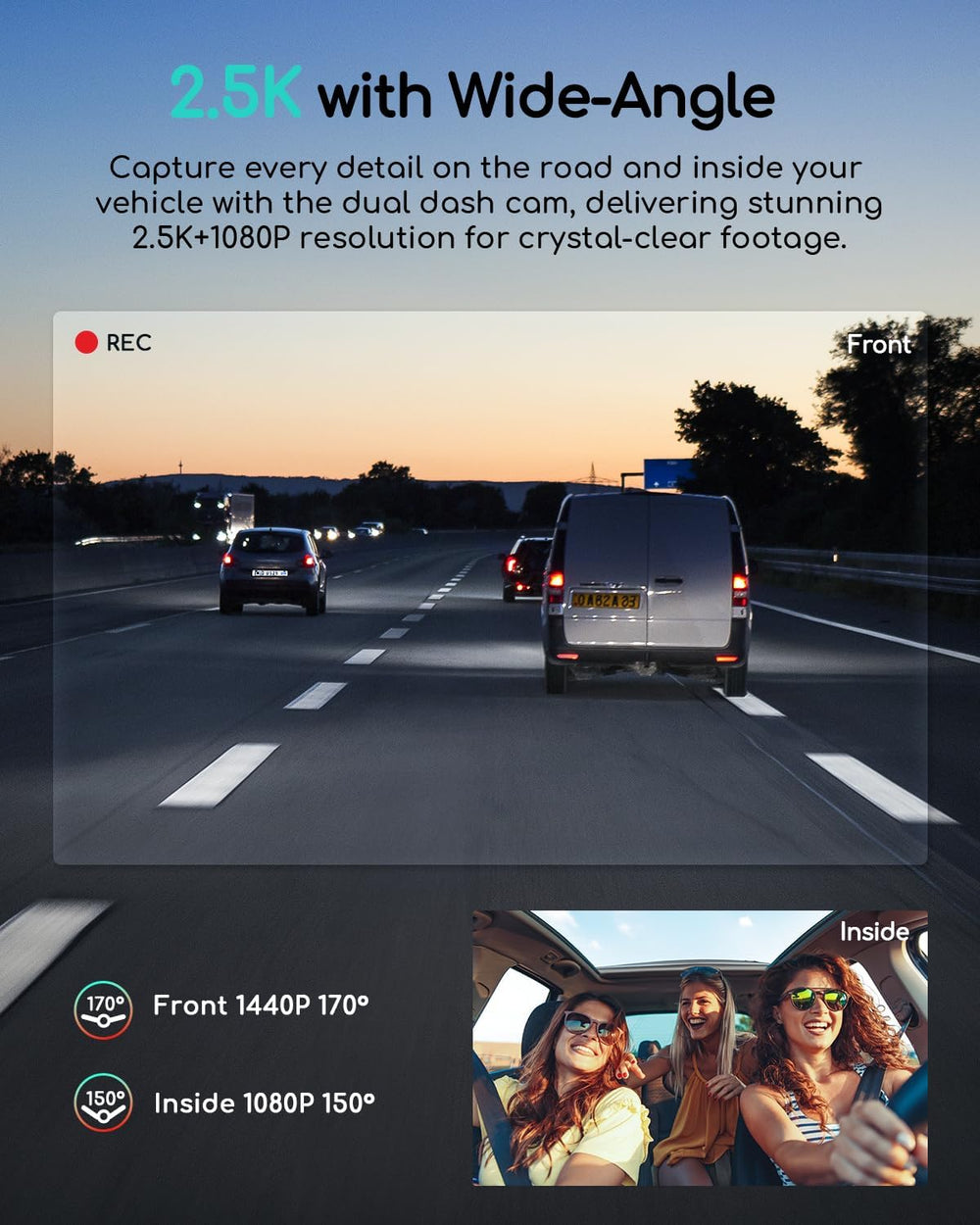 COOAU Dual Dash Cam 2.5K+1080P, Dash Cam Front and Inside, Built-in GPS and W...