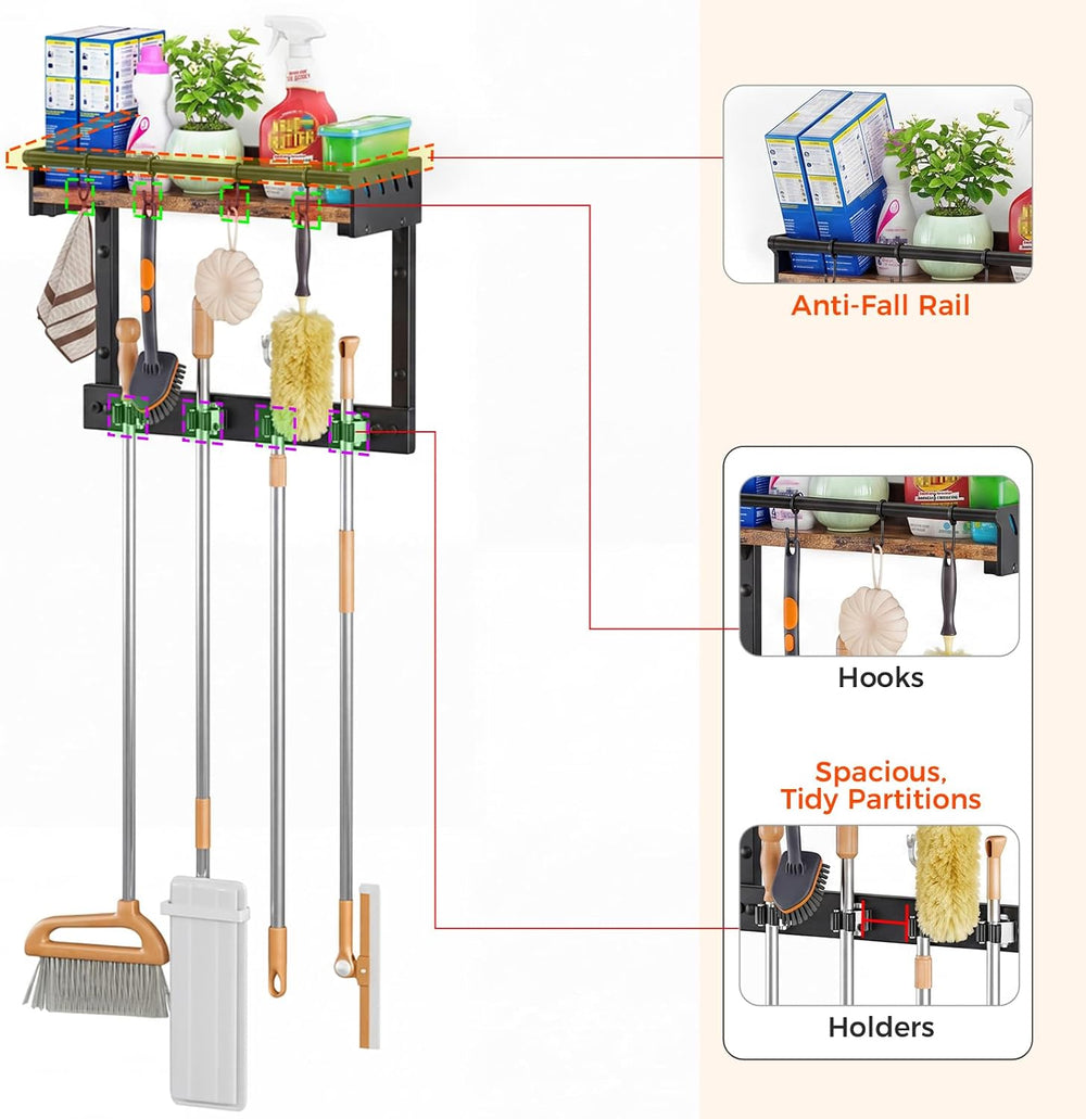Broom Holder Wall Mount with Shelf,Broom Hanger with 4 Hooks,Broom and Mop Or...