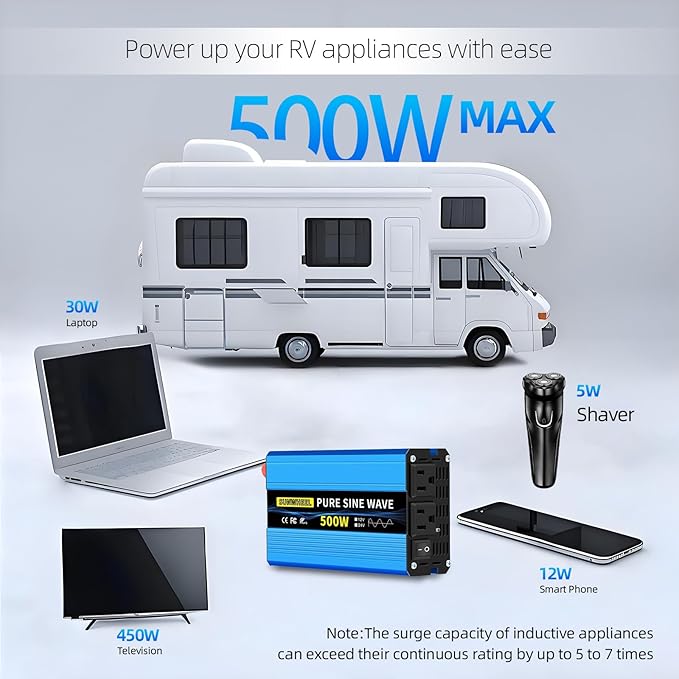 SUNWHEEL 500W 24V Pure Sine Wave Inverter, DC 24V to AC 110V/120V Car Power