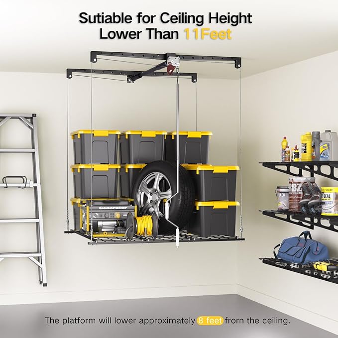 Overhead Garage Storage Rack, 4x4 Ft Adjustable Garage Ceiling Storage Lift