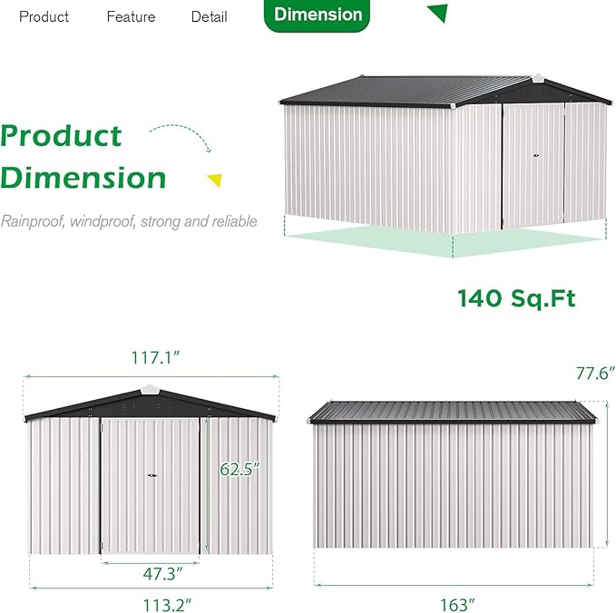 U-MAX 10x14 Shed, 14x10 Metal Outdoor Storage Shed, Large Outside Storage