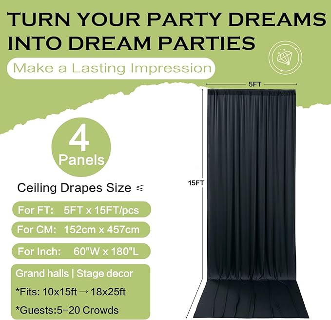 PartyVillage 20ft×15ft Black Backdrop Curtain for Halloween Parties, 4 Panels...