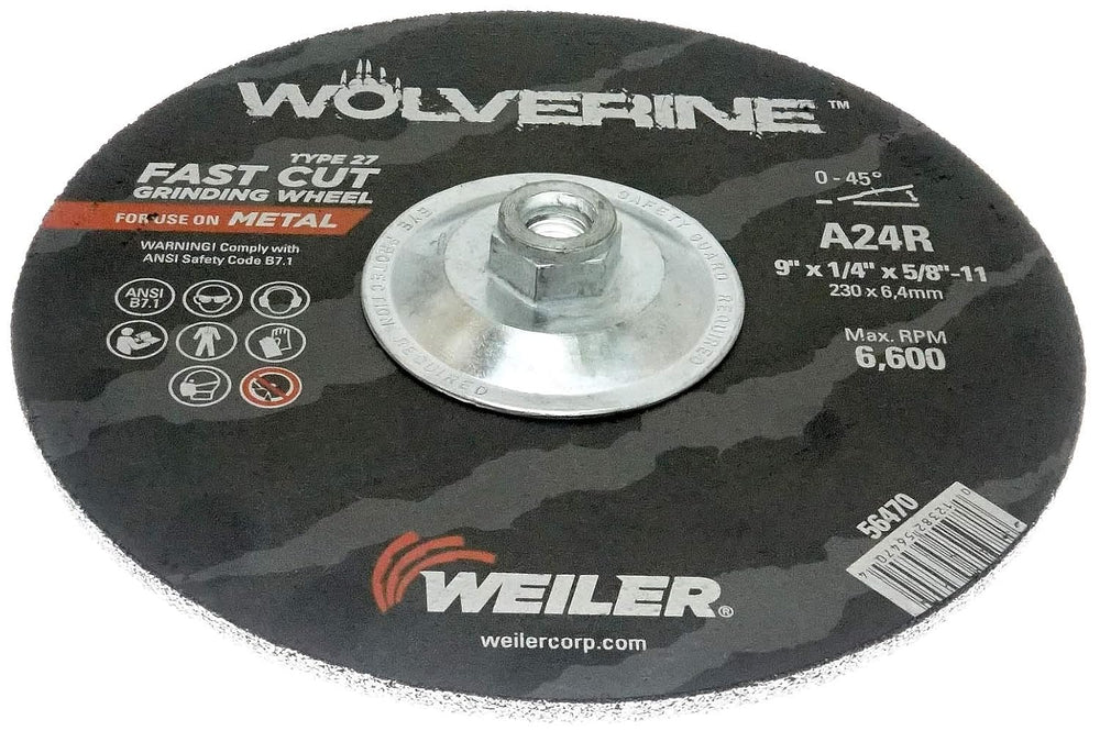Weiler 56470 9" X 1/4" Wolverine Type 27 Grinding Wheel, A24R, 5/8&...