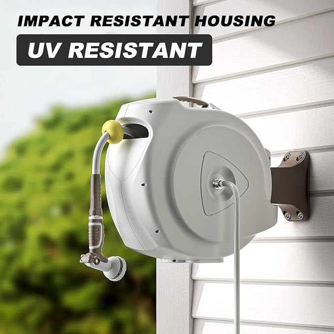 Retractable Garden Hose Reel, 5/8 in 65+6 ft, Heavy Duty Wall Mounted Water