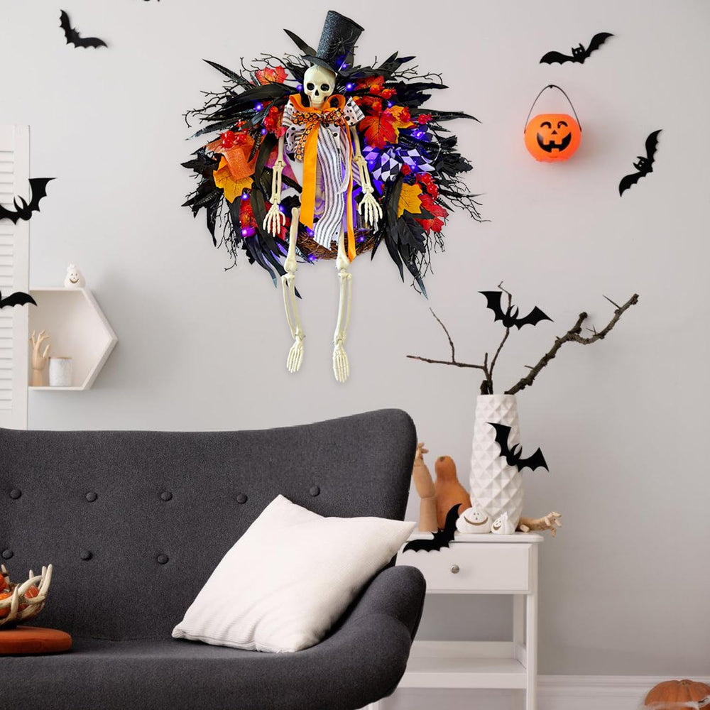 HipTree 28 Inch Halloween Skeleton Wreath for Front Door with Lights