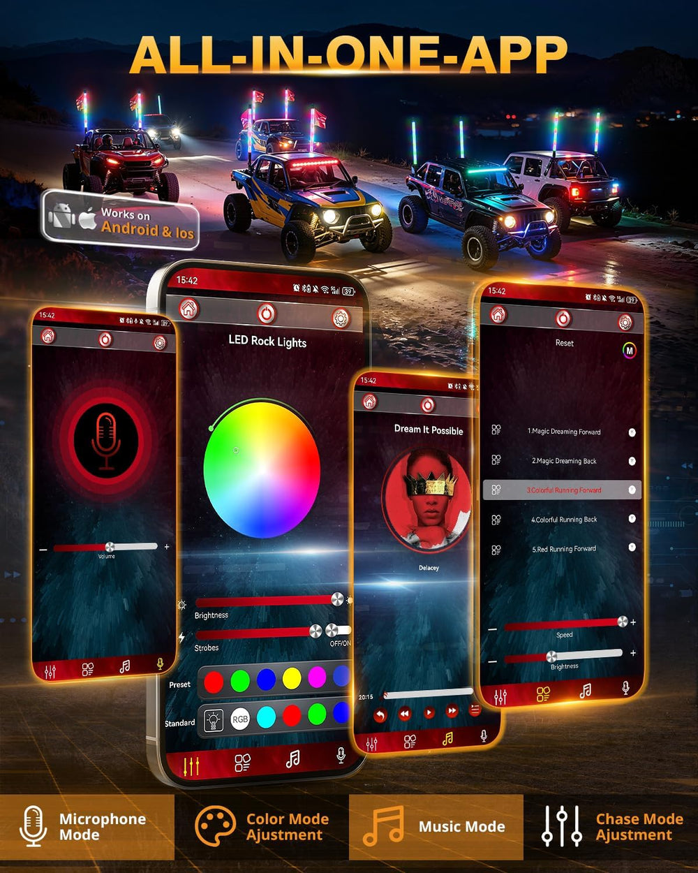 Auxbeam 2PCS 2.3FT RGB Whip Lights w/Bluetooth APP+Remote & Auxbeam 4-Pod...