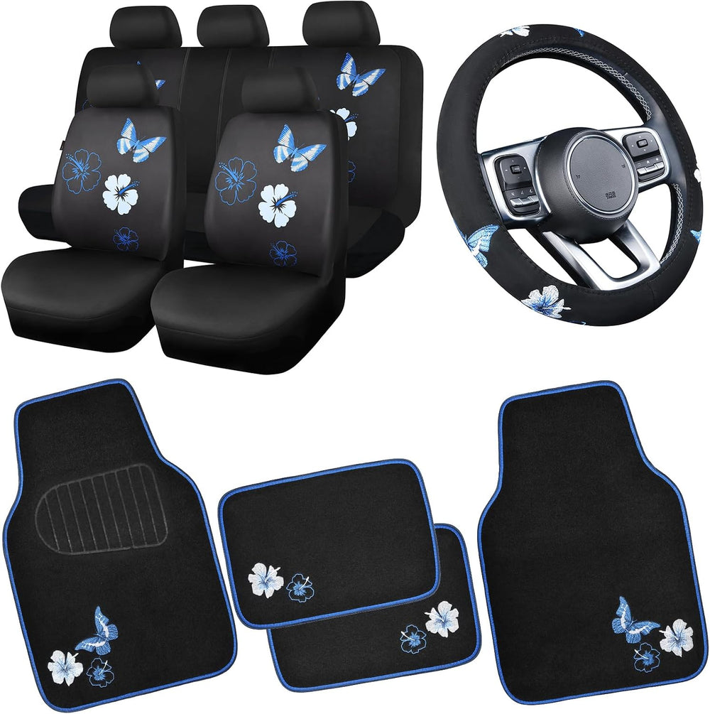 CAR PASS Blue Butterfly Car Seat Covers Full Set, Embroidered Flower Waterpro...