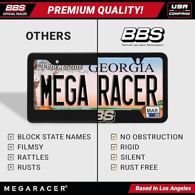 BBS Official Black Stainless Steel License Plate Frame – Made in USA – Premium