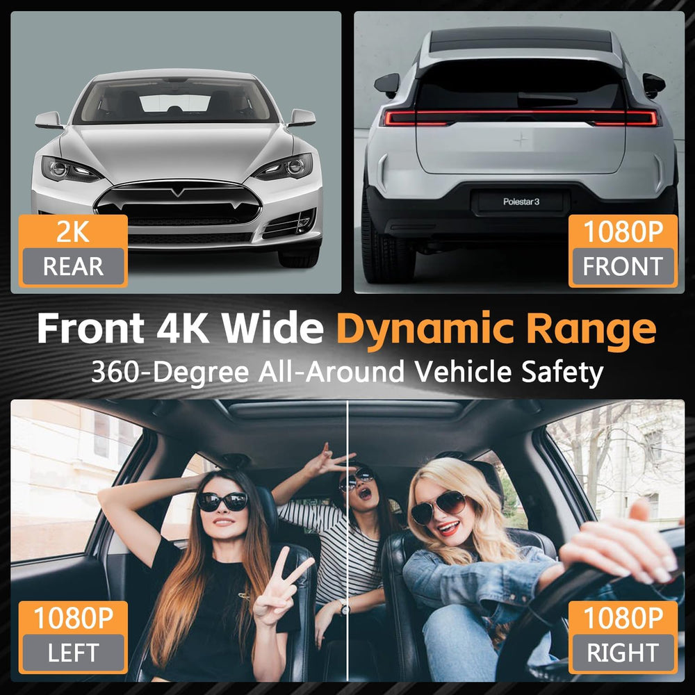 4 Channel 360° Dash Cam Front and Rear Inside, 64GB Card Included
