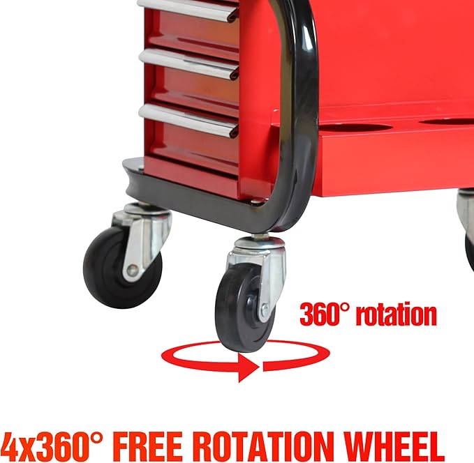 Tool Box Built-in Creeper Seat, Garage Shop Roller Seat, 3 Drawers Heavy Duty