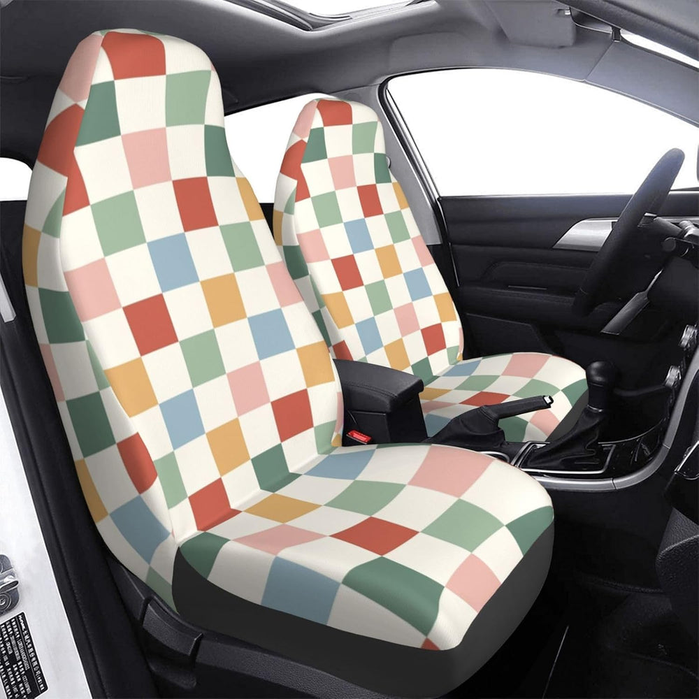 Rainbow Checkerboard Retro Car Seat Covers Universal 2 Pcs Auto Front Seat Co...